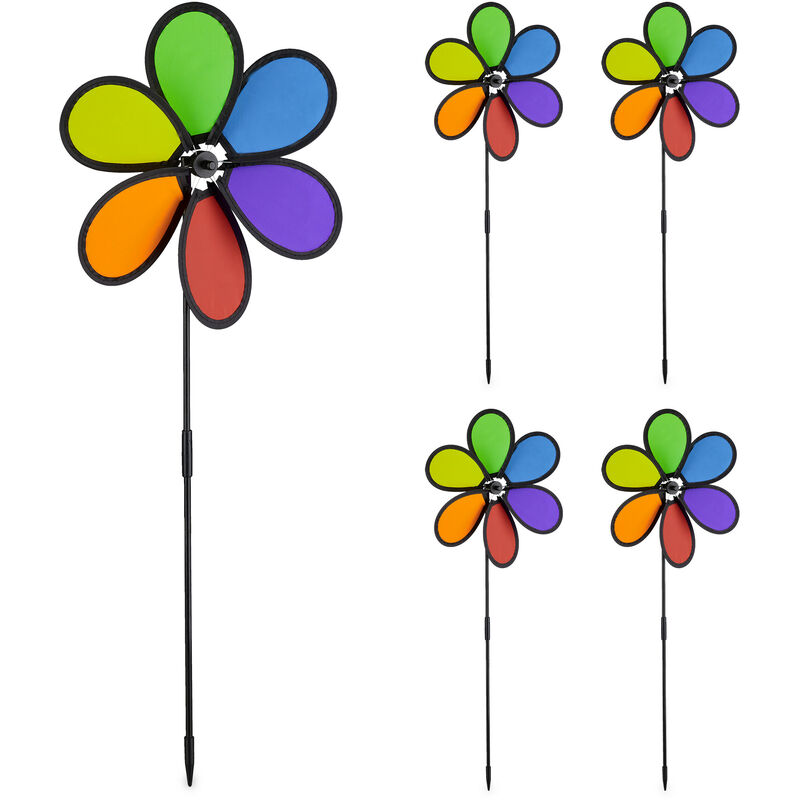 Relaxdays - Moulin à vent, design fleur, lot de 5, décoration jardin, balcon, 66 x 27 x 7 cm, arc-en-ciel, coloré