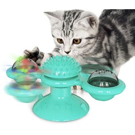 Moulin à vent interactif rotatif pour chat avec brosse pour poils et herbe à chat - Bleu lac