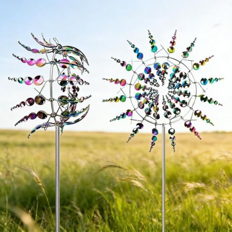 Moulin a Vent Jardin Exterieur, Upgraded 3D 360° Dual Rotors Moulin à Vent Metal Decoratif, Kinetic Sculptures Cinétiques à Vents pour Cour, Pelouse, Jardin