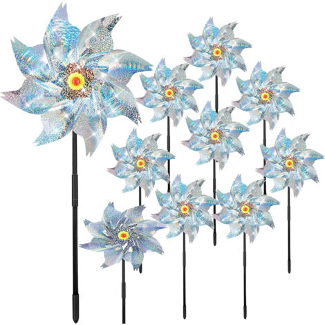 Moulin À Vent Répulsif À Oiseaux - 24 cm Diamètre × 50 cm Hauteur - Réfléchissant Laser Plastique - Pour Jardin Extérieur Verger Toit - 10 Pièces