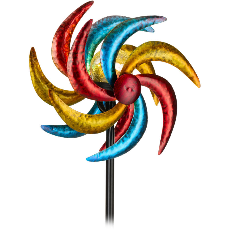 Moulin à vent solaire, hlp : 117 x 30 x 15, décoration de jardin, résistant aux intempéries, fer, coloré - Relaxdays