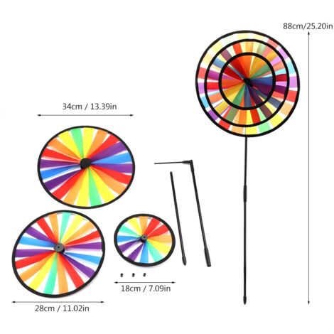Moulin à vent triple arc-en-ciel multicolore - Jouet pour enfants et décoration de jardin