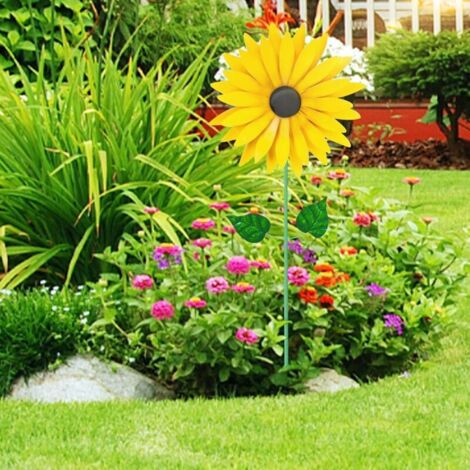 [Moulin décoratif de jardin] + Moulin à vent en métal sculpté figurant une fleur de soleil + [Décoration extérieure durable et facile à installer]