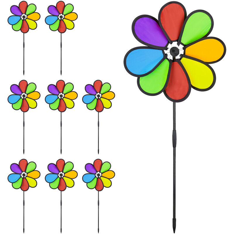Relaxdays - Moulin à vent, lot de 9, design fleur, pour enfants et adultes, balcon, terrasse et jardin, hlp 72 x 31 x 6,5 cm, coloré