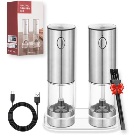 Moulins à sel et à poivre électriques, set de 2, mécanisme de broyage en céramique réglable en continu en acier inoxydable, rechargeable par USB, avec dessous de plat et pinceau et fenêtre de visualis