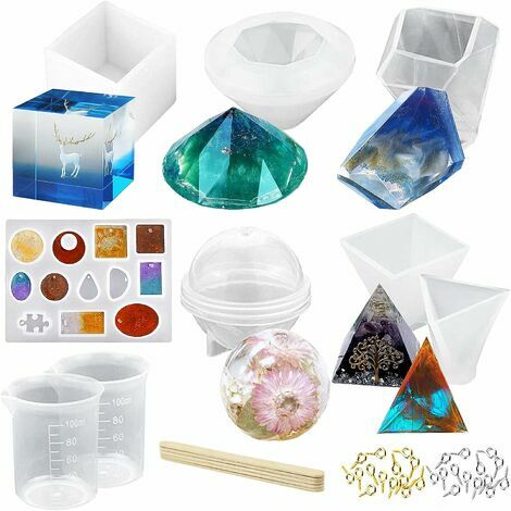 Moulle Silicone Resine Epoxy, 43 Pièces Kit Resine Epoxy Complet, Moule Resine Epoxy pour Faire des Pendentifs de Collier, Bougies, Bijoux