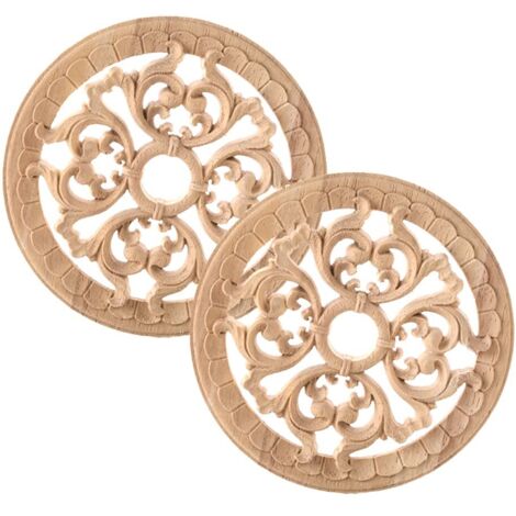 Moulure Decorative Bois 2 Pièces Applique en Bois Décalque Sculpté Rond Sculpté Bois Naturel Sculpté Meuble Sculpté Onlay Applique en Bois pour La Décoration de Meubles de Maison,14cm