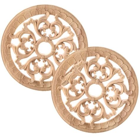 Moulure Decorative Bois 2 Pièces Applique en Bois Décalque Sculpté Rond Sculpté Bois Naturel Sculpté Meuble Sculpté Onlay Applique en Bois pour La Décoration de Meubles de Maison,14cm