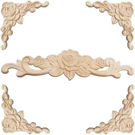 Moulure Decorative Bois 5 Pièces Sculpture Bois Moulure Décorative Bois Applique Moulure Rosace Decorative Floral Bois Sculpte Decal Sculpté d'angle Decoratif pour Décoration Meuble