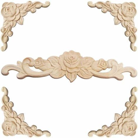 Moulure Decorative Bois 5 Pièces Sculpture Bois Moulure Décorative Bois Applique Moulure Rosace Decorative Floral Bois Sculpte Decal Sculpté d'angle Decoratif pour Décoration Meuble