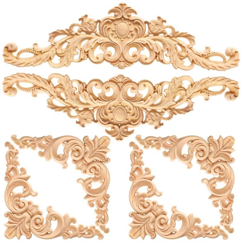 Moulure Decorative Bois 6 Pièces Décoratifs en Bois Longs Sculptés Coin Applique Onlay Appliques
