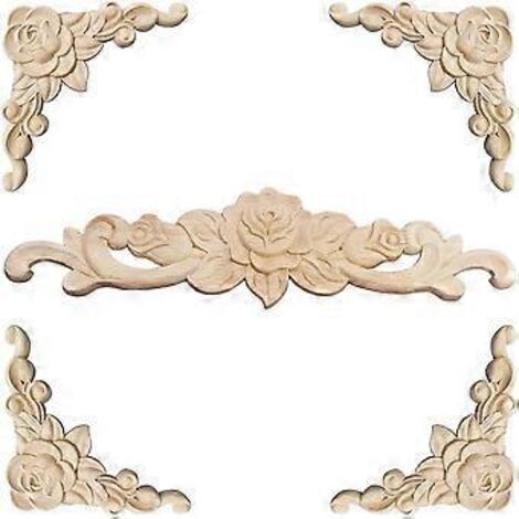 Moulure décorative en bois, 5 pièces, sculpture sur bois, moulure décorative en bois, applique, moulure, rosace, sculpture florale décorative, décalcomanie sculptée décorative