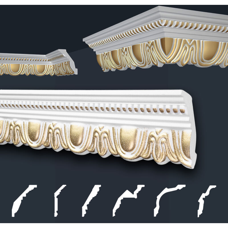 Moulures de stuc à motifs or, eps Styropor ajustement forme, Paquets d'épargne Marbet: B-34 or / 70x90mm, 40 Mètres / 20 Bandes