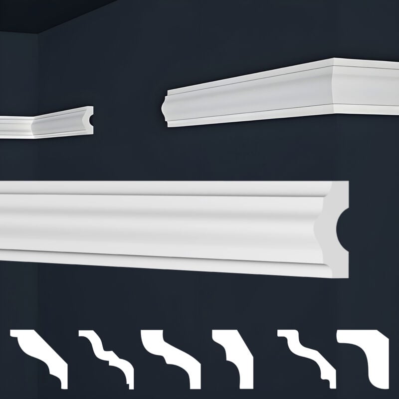 Moulures en stuc blanc et clair, coffrage xps Styropor, paquets d'épargne Marbet Series-E: E-18 / 16x38mm, 20 Mètres / 10 Bandes