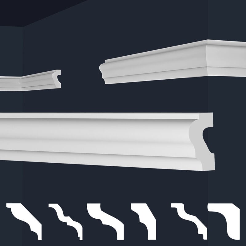 Moulures en stuc blanc et clair, coffrage xps Styropor, paquets d'épargne Marbet Series-E: E-19 / 21x40mm, 30 Mètres / 15 Bandes