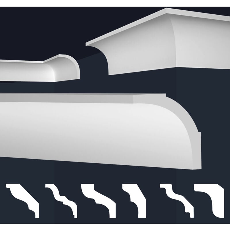 Moulures en stuc blanc et clair, coffrage xps Styropor, paquets d'épargne Marbet Series-E: E-13 / 68x78mm, 20 Mètres / 10 Bandes