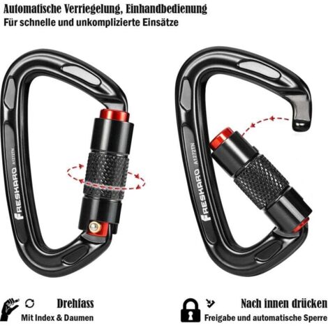 Mousqueton Escalade, Mousquetons Verrouillage Automatique, 25kN-2550kg, Certifié CE，Solide, pour Alpinisme, Laisse Chien, Sac de Frappe, Pompier, Hamac, Porte clé, Grand 10cm, Noir et Gris