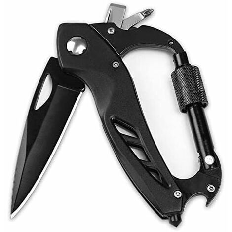 Mousqueton multifonction avec couteau de poche, mousquetons tactiques porte-clés avec couteaux pliants, ouvre-bouteille, brise-vitre et tournevis pour homme, équipement de survie EDC pour le camping e