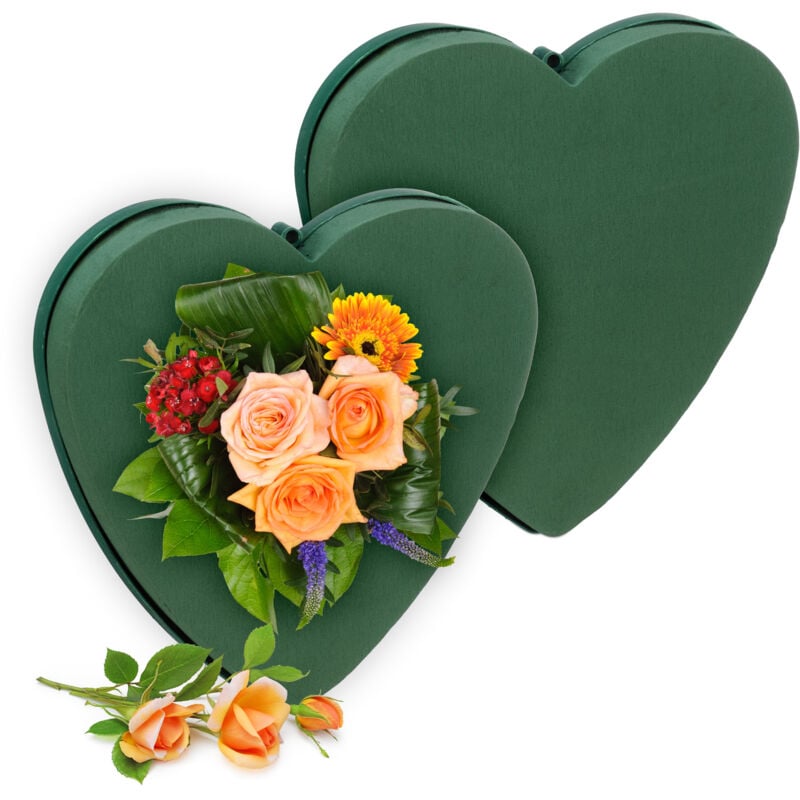 Relaxdays - Mousse florale pour fleurs fraîches, lot de 2, cœur, HxLxP : 26,5x26,5x4 cm, compositions, mousse, vert