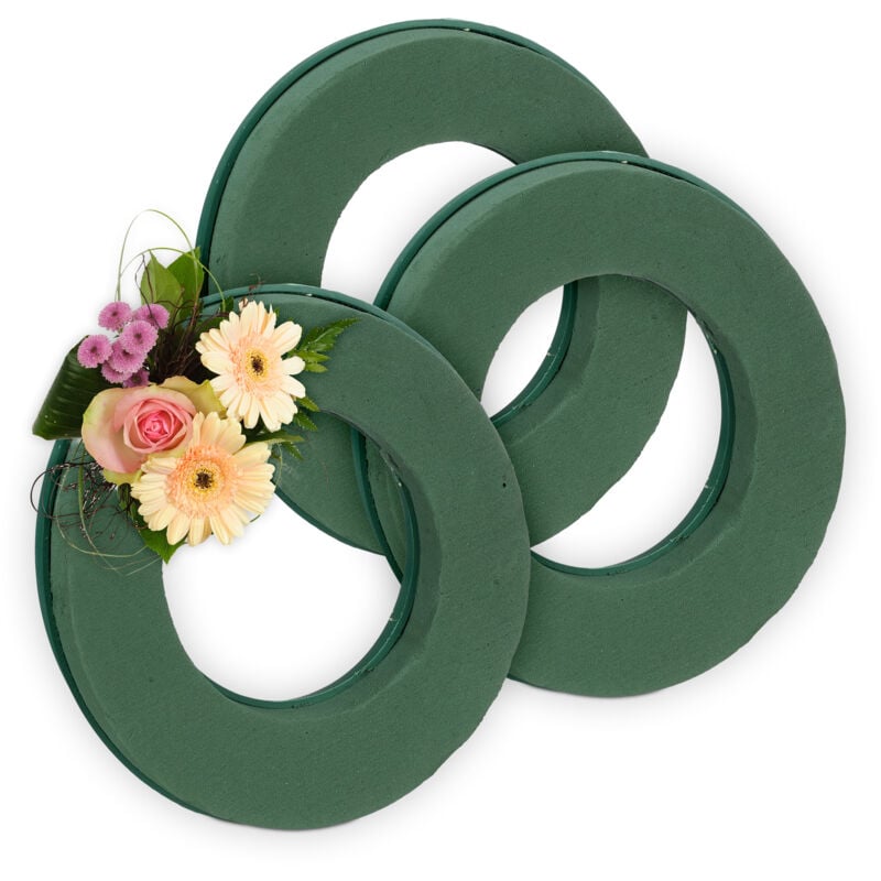 Mousse florale, lot de 3, anneaux, diamètre 25 cm, pour bricoler, couronne décorative pour art floral, vert - Relaxdays