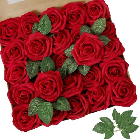 mousse Rose Artificielles Fleurs Fausse Roses Faux Bouquet Pour Diy Fte Maison Mariage Dcoration (vin Rouge, 25 Pices)