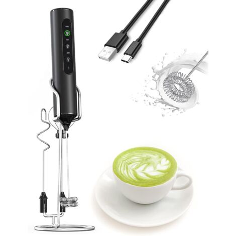 Mousseur à lait électrique 3 en 1 avec support, écran LED rechargeable et 3 vitesses - Fouet portable pour café, boissons protéinées, pâtisserie - Noir (avec support, rechargeable)