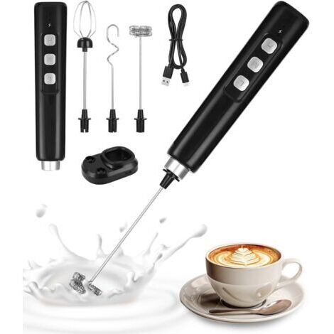Mousseur à lait électrique, 3 fouets, 3 vitesses réglables, rechargeable par USB, avec base de chargement, pour café, cappuccino et chocolat chaud