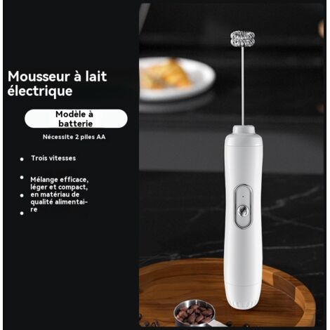 Mousseur à lait électrique - 3 vitesses - Fonctionne sur piles - (Blanc) - Tête de mélange en acier inoxydable 304