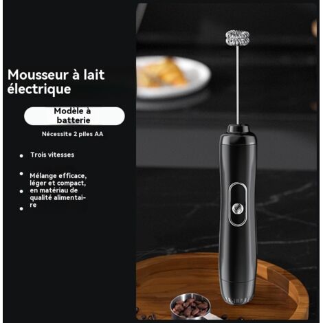 Mousseur à lait électrique - 3 vitesses - Fonctionne sur piles - (Noir) - Tête de mélange en acier inoxydable 304