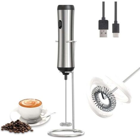 Mousseur à Lait Electrique, Mélangeur de Mousseur Lait, Puissant 10000-14000 tr/min, avec Support en Acier Inoxydable, Fouet Electrique,Milk Frother, pour Latte, Cappuccino, Argent
