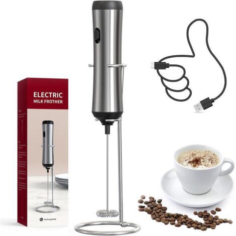 Mousseur à Lait Électrique Mousseur de Lait Rechargeable Mini Mélangeur de Boissons pour Café, Cappuccino, Latte et Matcha, Argent