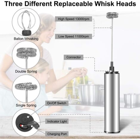 Mousseur à Lait Électrique, Mousseur de Lait Rechargeable USB et Mini Batteur avec Dual Fouet Tête, Mélangeur Acier Inoxydable pour Café Crème