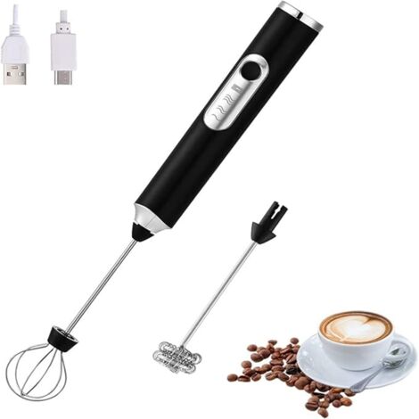 Mousseur à lait électrique portable avec 2 têtes interchangeables - Mélangeur mousse rechargeable USB, 3 vitesses pour latte, cappuccino, chocolat chaud et œufs, idéal pour amateurs de café - Noir, in