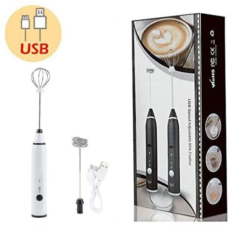 Mousseur à lait électrique rechargeable, portable, avec port USB et 3 vitesses - Blanc