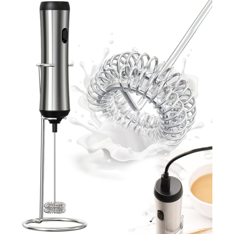 Mousseur à Lait - Mousseur à Lait Électrique Rechargeable en Acier Inoxydable, 15-20s, Puissant 19 000 tr/min, Mini Mousseur à Café pour Latte,