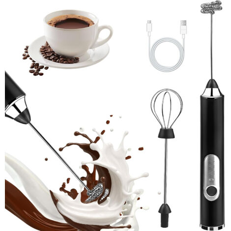 Mousseur à lait rechargeable, 2 fouets inox 3 vitesses pour latte, cappuccino, matcha, chocolat chaud et œufs - Mélangeur électrique portable (Noir)