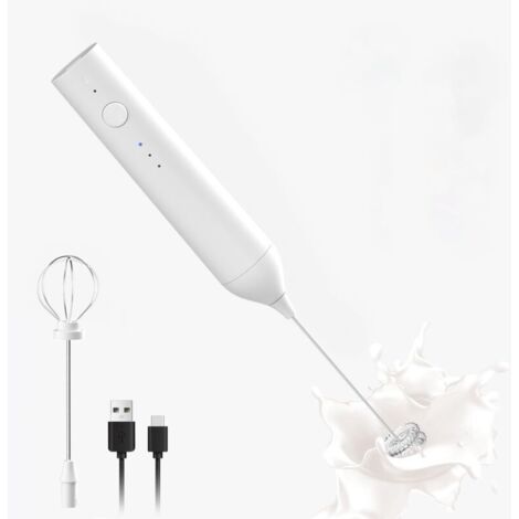 Mousseur à lait rechargeable, mousseur à lait électrique à 3 vitesses, avec poignée et accessoire fouet (blanc).