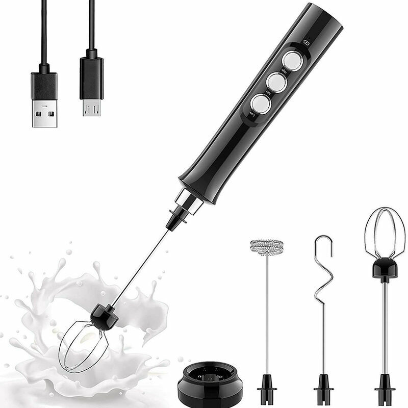 Mousseur à Lait Électrique Tenue à Main, 3 en 1 Fouet Rechargeable USB,3 Vitesses Réglable avec 3 Têtes d'agitateur en Acier Inoxydable Fouet