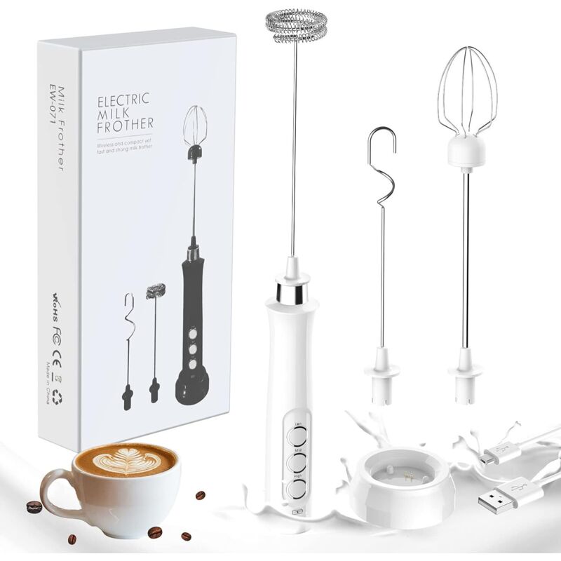 Mousseur à Lait, Machine à Mousse électrique Portative, Mélangeur de Boisson 3 en 1, Station de Chargement usb avec 3 Fouets en Acier Inoxydable pour