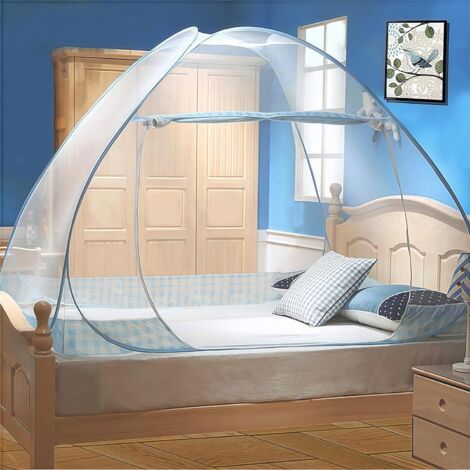 Moustiquaire 180 x 200 cm, montage rapide  Portable et pliable, idéale pour le camping et les chambres  Porte simple, bordure bleue
