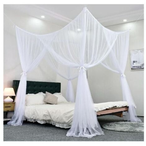Moustiquaire de lit à quatre portes, s'adapte à la plupart des tailles de lit - Blanc
