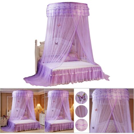 Moustiquaire de lit princesse en dentelle ronde et aérée, style rideau de lit (Violet)