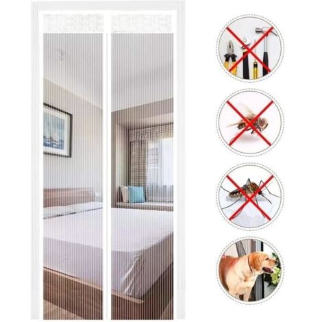 Moustiquaire de Porte Magnétique Fermeture Automatique Rideau Porte Anti insectes avec Aimants Sans Perçage (90x210 cm, Blanc)