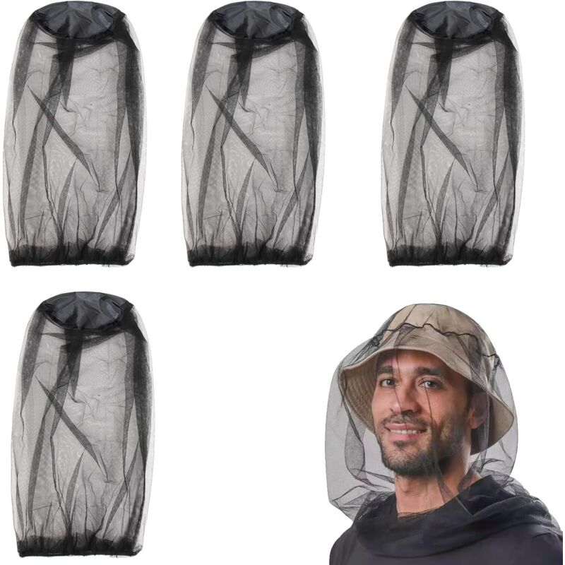Moustiquaire de tête 4 pièces, protection anti-moustiques et insectes pour le camping et les voyages en extérieur - filet ultra-fin, noir