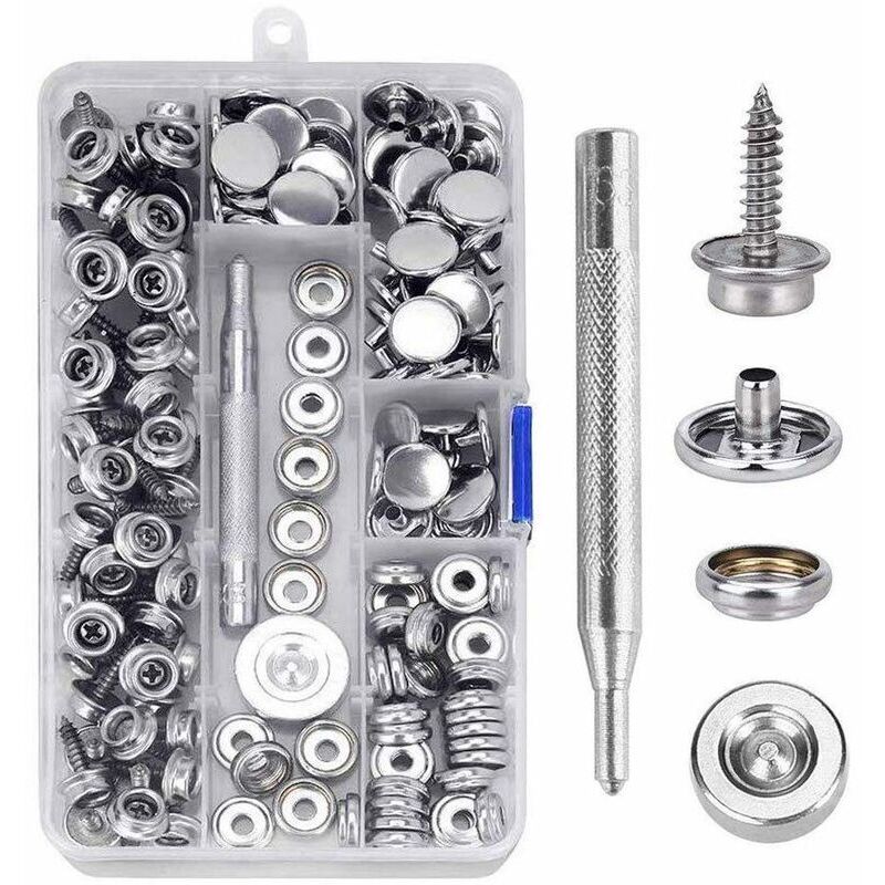 Boutons pression, 150 pièces 15mm Boutons pression en acier inoxydable Ensemble de boutons pression en métal avec 2 outils de fixation