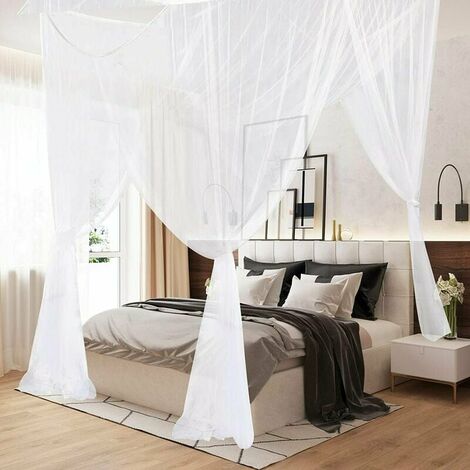 Moustiquaire, King Size Four Corner Tent Single Bed Canopy pour tous les berceaux et lits pour chambre d'adulte, chambre d'enfant, berceau, jardin, camping (Blanc)