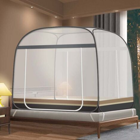 Moustiquaire pliable enfant 200x220 cm, ciel de lit respirant, double porte, pour lits simples/doubles,Gris rayé