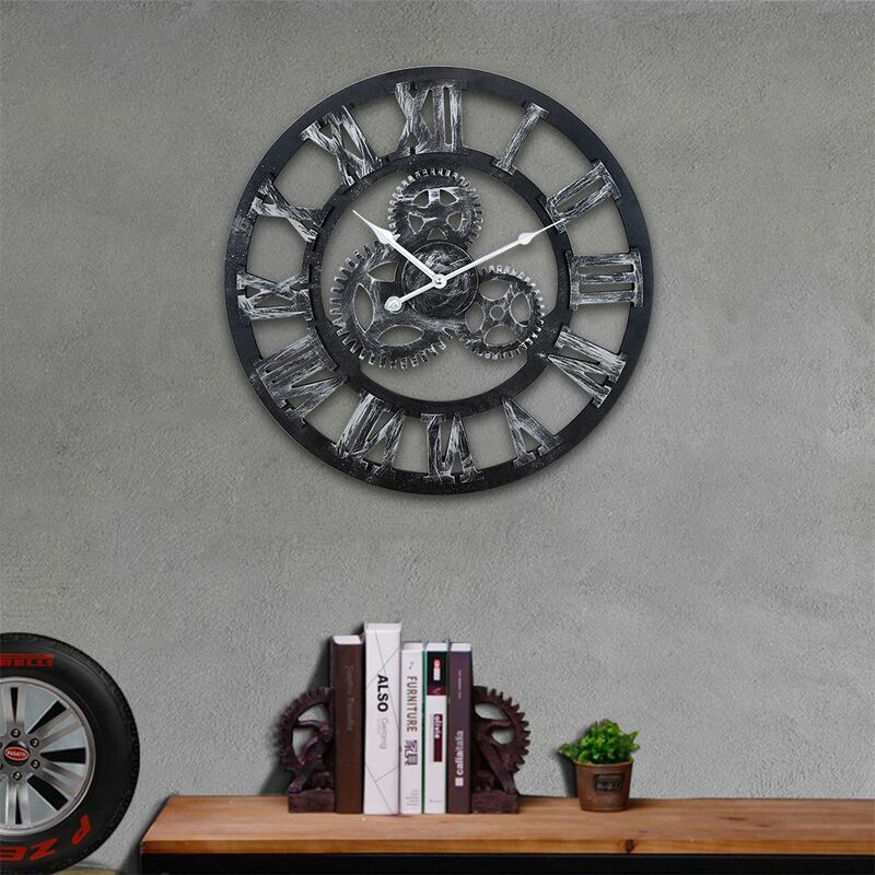 Hofuton Horloge Murale Silencieuse Grande Pendule Quartz Industriel Engrenage Noir pour Salon Chambre 45cm