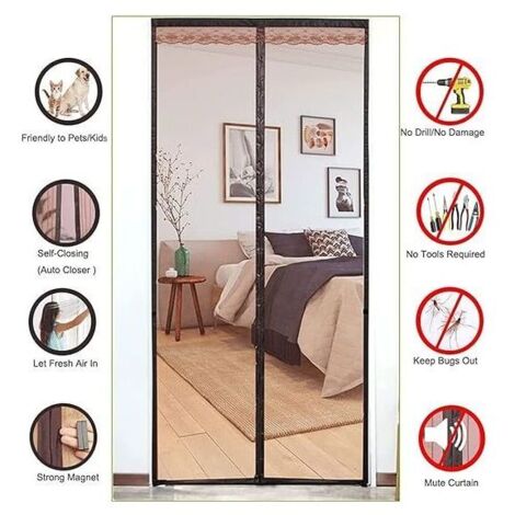 Moustiquaire Porte Magnetique,La Moustiquaire Aimantée À Mailles Fines,Rideau Anti-Mouches et Anti-Insectes,Avec Fermoir de Rangement,Se Fermant Automatiquement(Café 90x210cm)