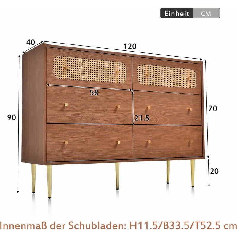 H90/B120/T40cm Commode à tiroirs Commode avec 6 tiroirs, rotin Sideboard Highboard pour chambre à coucher & toutes les pièces de vie , noyer